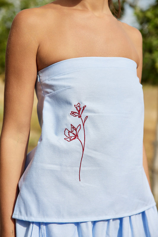 Blue Flower Strapless Top